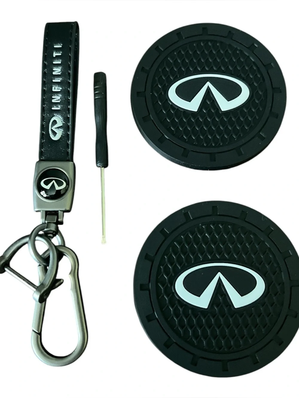 Infiniti Black Keychain & Car Coaster (2 pc) Accessories Set